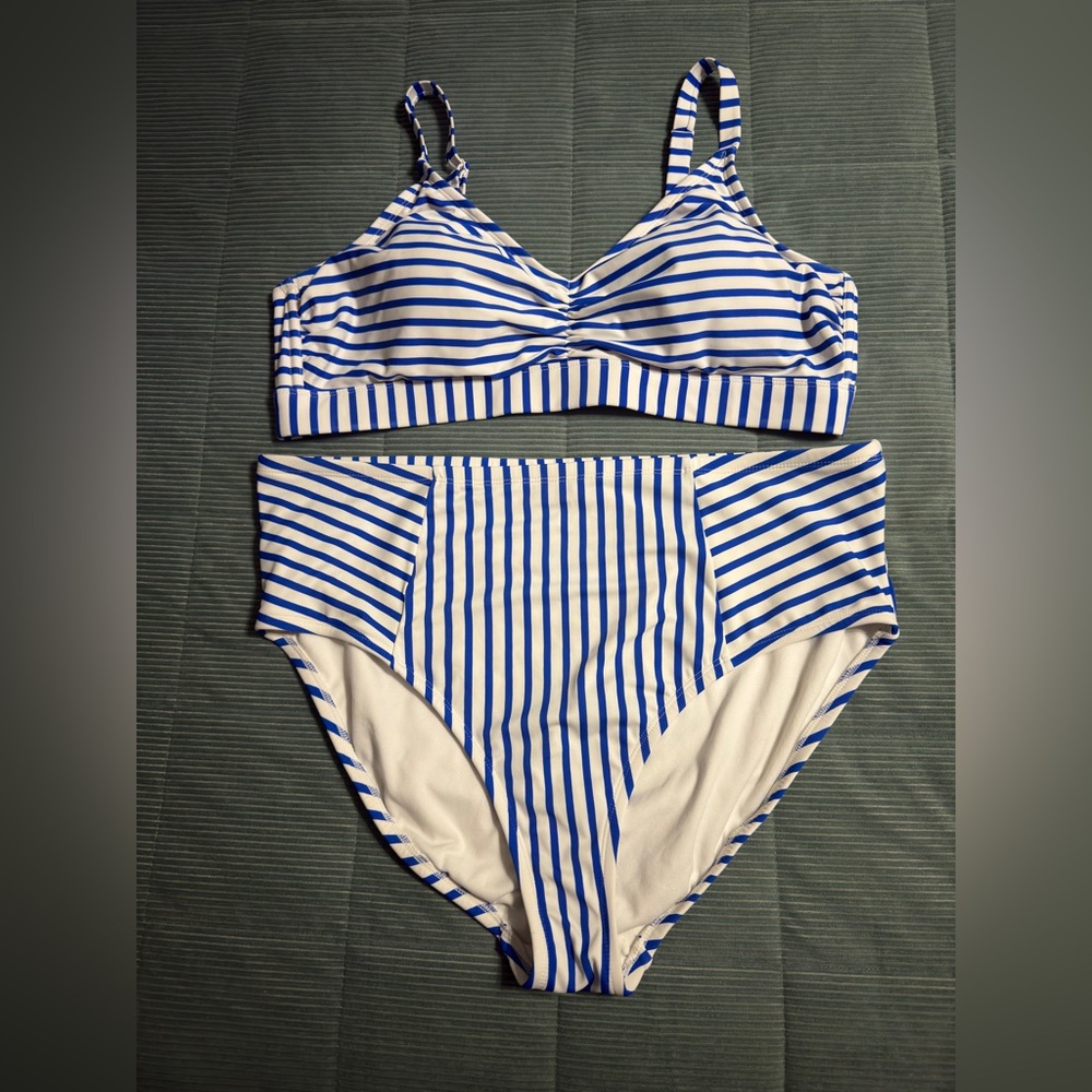 Kona Sol Women’s Striped Blue and White High-waisted Two Piece